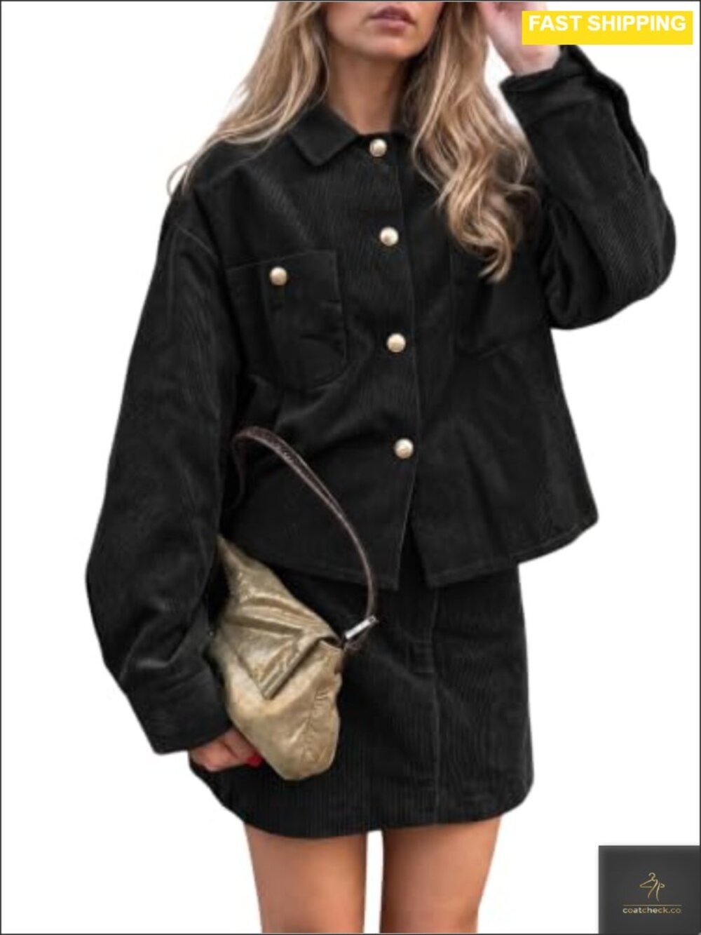 Corduroy 2 Piece Skirt Set Button Down Shacket Mini Skirt Long Sleeve